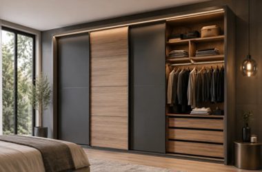 Luxury sliding door bedroom cupboards by Weizter Kitchens featuring floor-to-ceiling charcoal and natural wood wardrobe doors, open shelving, integrated LED lighting and built-in drawers.