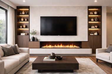 service-1 Luxury modern TV media centre by Weizter featuring a wall-mounted television, contemporary wood-grain cabinetry, illuminated display shelves and a built-in linear fireplace.