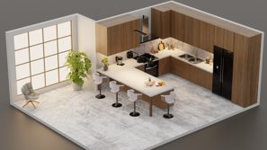 3D design of a kitchen with an island, bar stools, and wood-effect cabinetry
