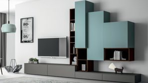 Wall-mounted TV media centre with blue and dark wood cabinetry in a neutral room