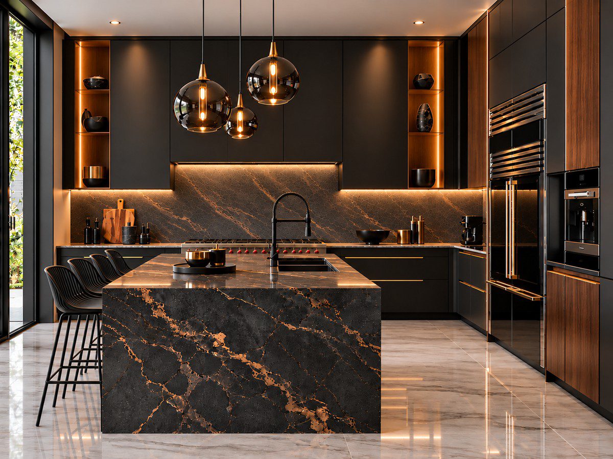 Contemporary kitchen with black cabinetry and dark stone worktops under warm lighting