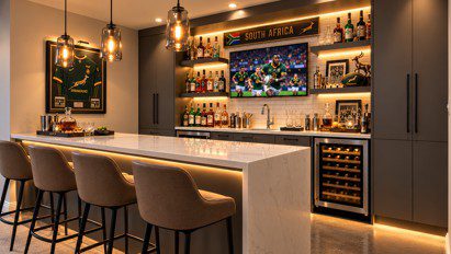 Home bar with illuminated shelves, stone worktop island and four bar stools