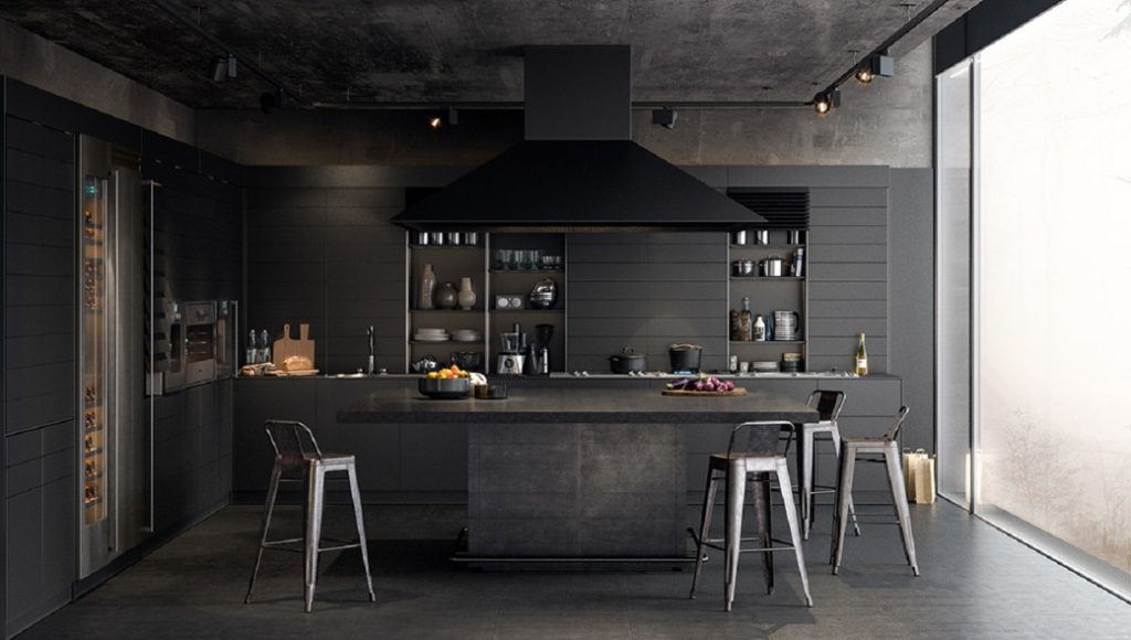 Dark kitchen with central island, metal stools, and large extractor hood