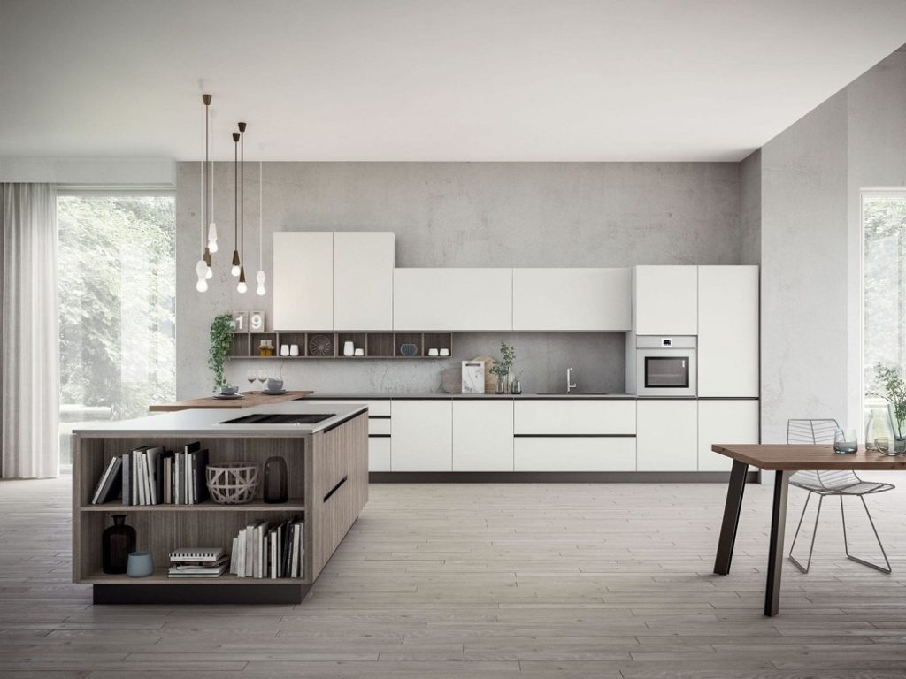 Spacious kitchen with white cabinetry, wooden island with open shelves, and pendant lights