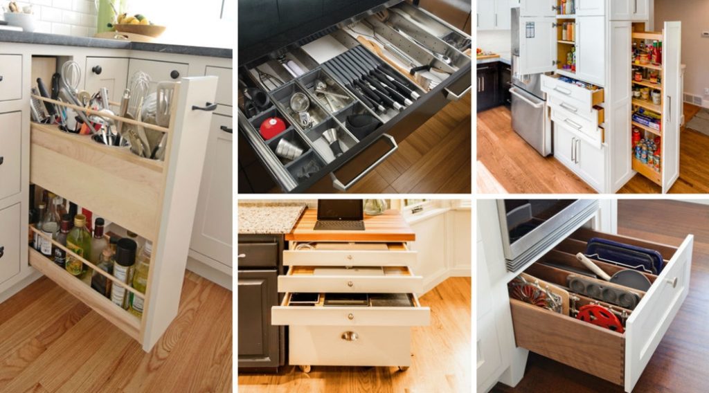 Various kitchen drawers and pull-out storage units with utensils, cutlery, spices and kitchenware