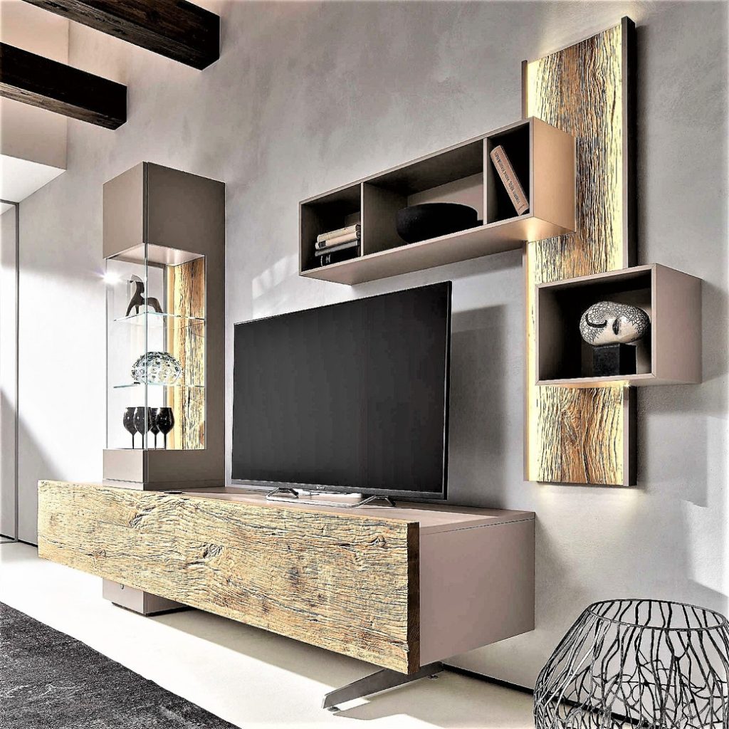 Modern TV cabinet with wood-textured front panel and wall-mounted shelves