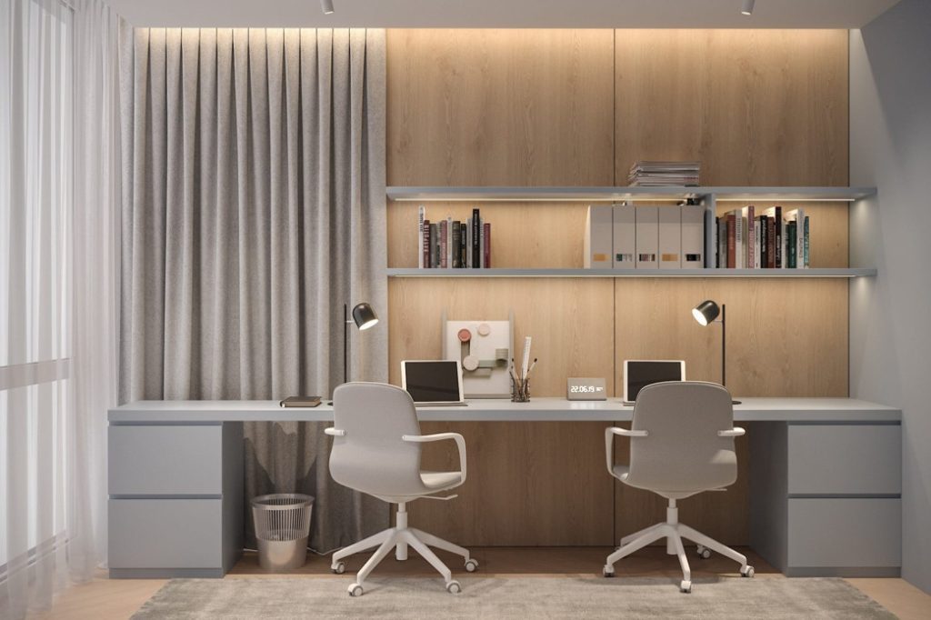Minimalist home office with two white swivel chairs and built-in wooden shelving
