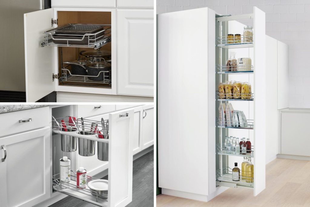 Three white kitchen cabinets with pull-out storage racks holding pots, pans, utensils, and pantry items