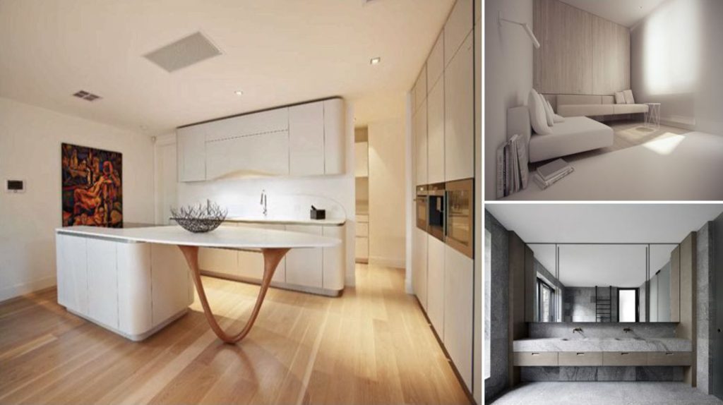 Bright kitchen with white cabinetry and wooden floor featuring a central island with curved wooden support