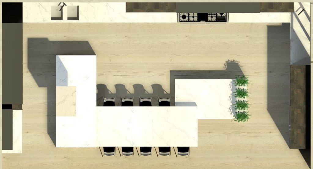 Top-down view of a kitchen layout with L-shaped white countertops and eight chairs