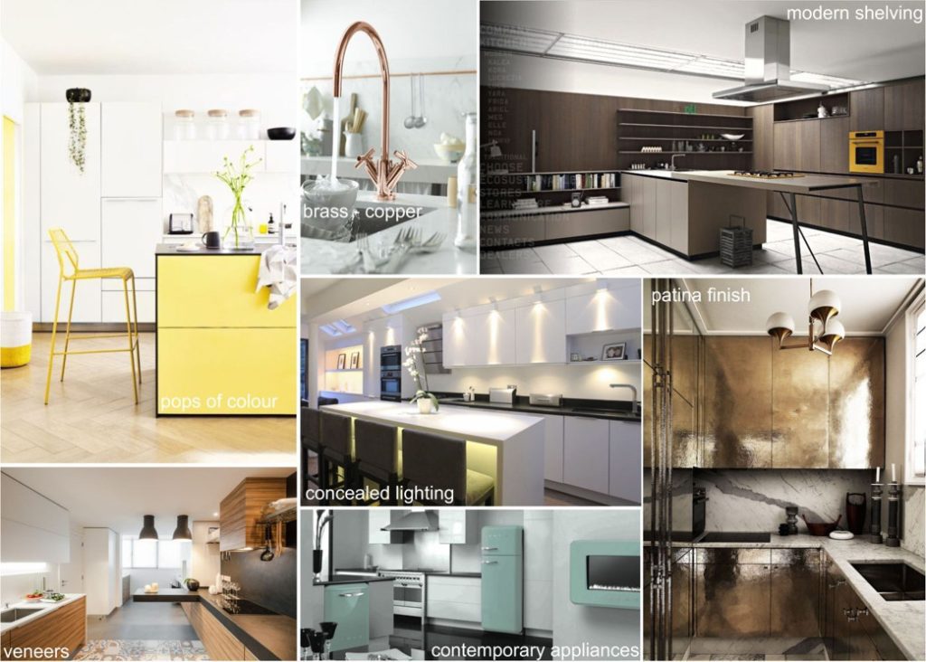 Collage of various kitchen designs showing yellow cabinetry, brass tap, modern shelving, concealed lighting, patina finish, veneers, and contemporary appliances