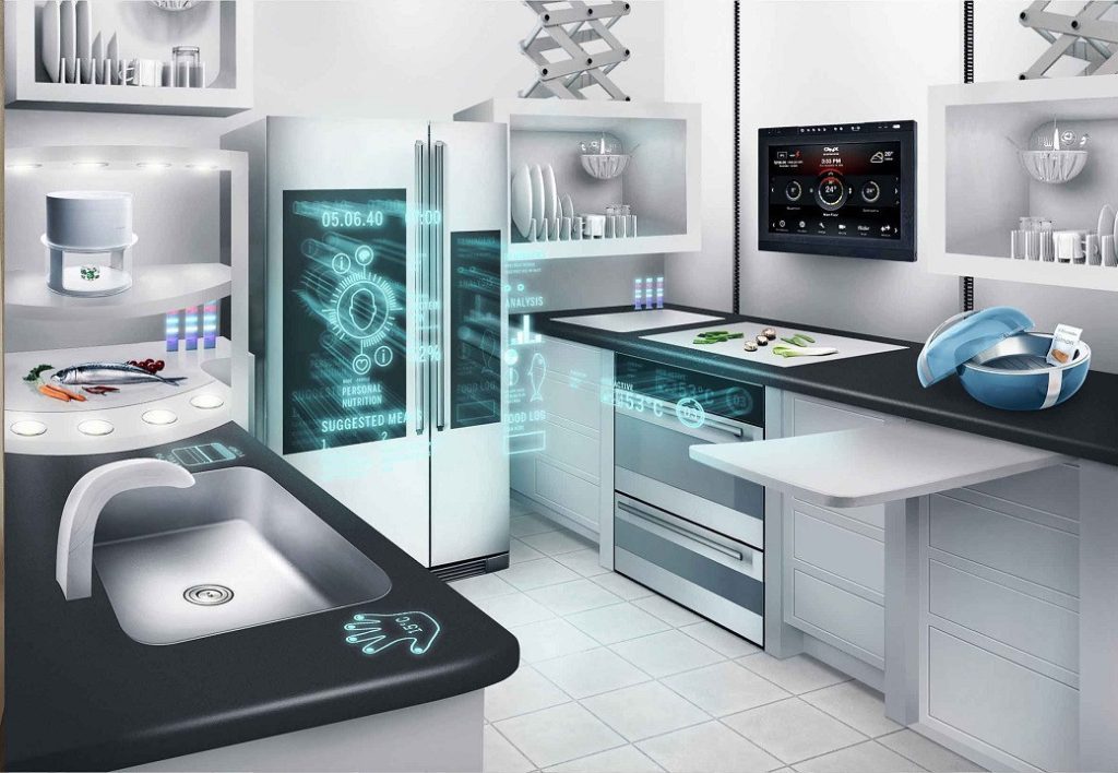 White kitchen with black countertops, built-in appliances, and digital interface displays