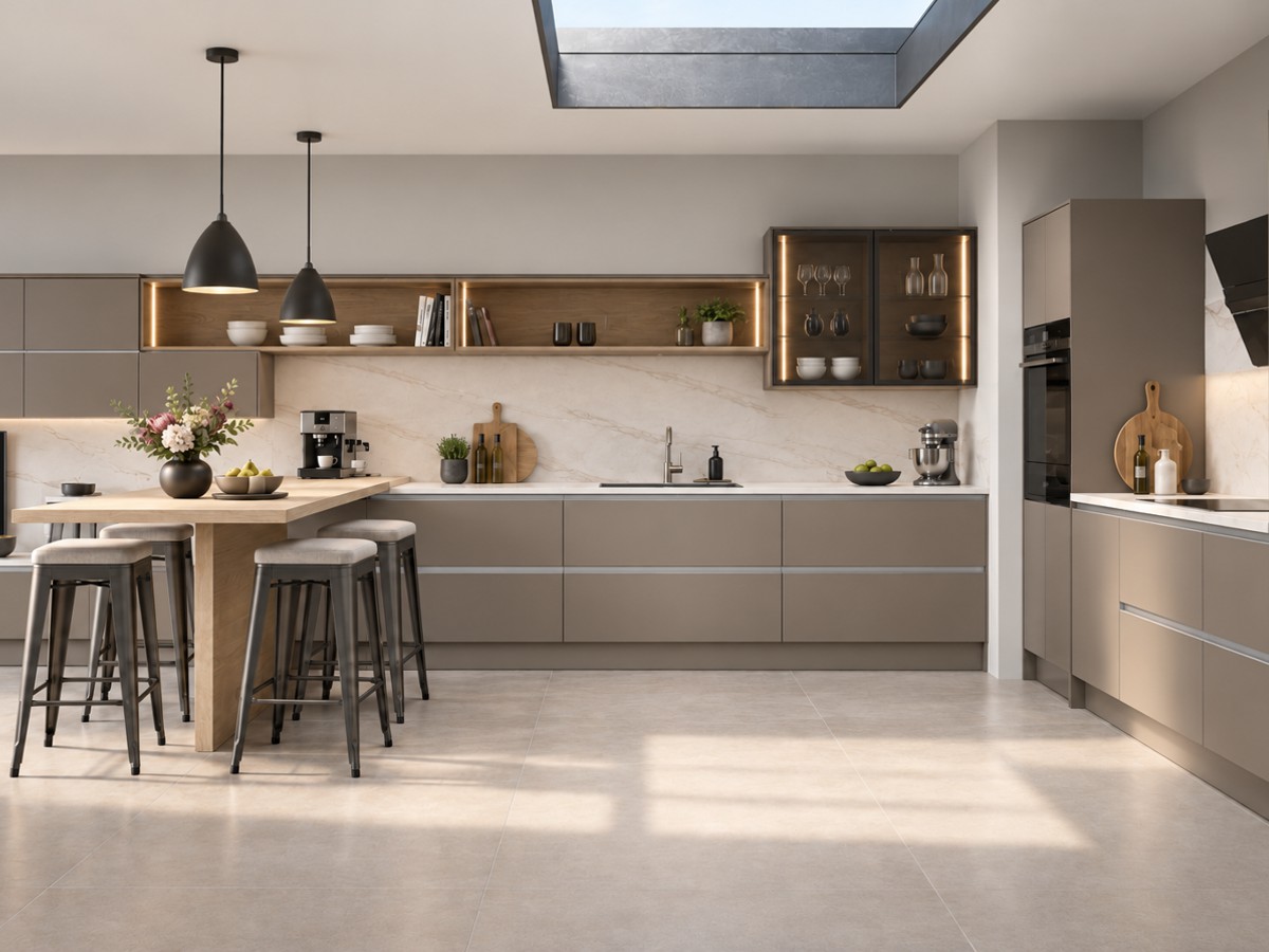 Modern minimalist kitchen with gloss white cupboards, a grey island with breakfast seating, pendant lights and warm under-cabinet lighting.