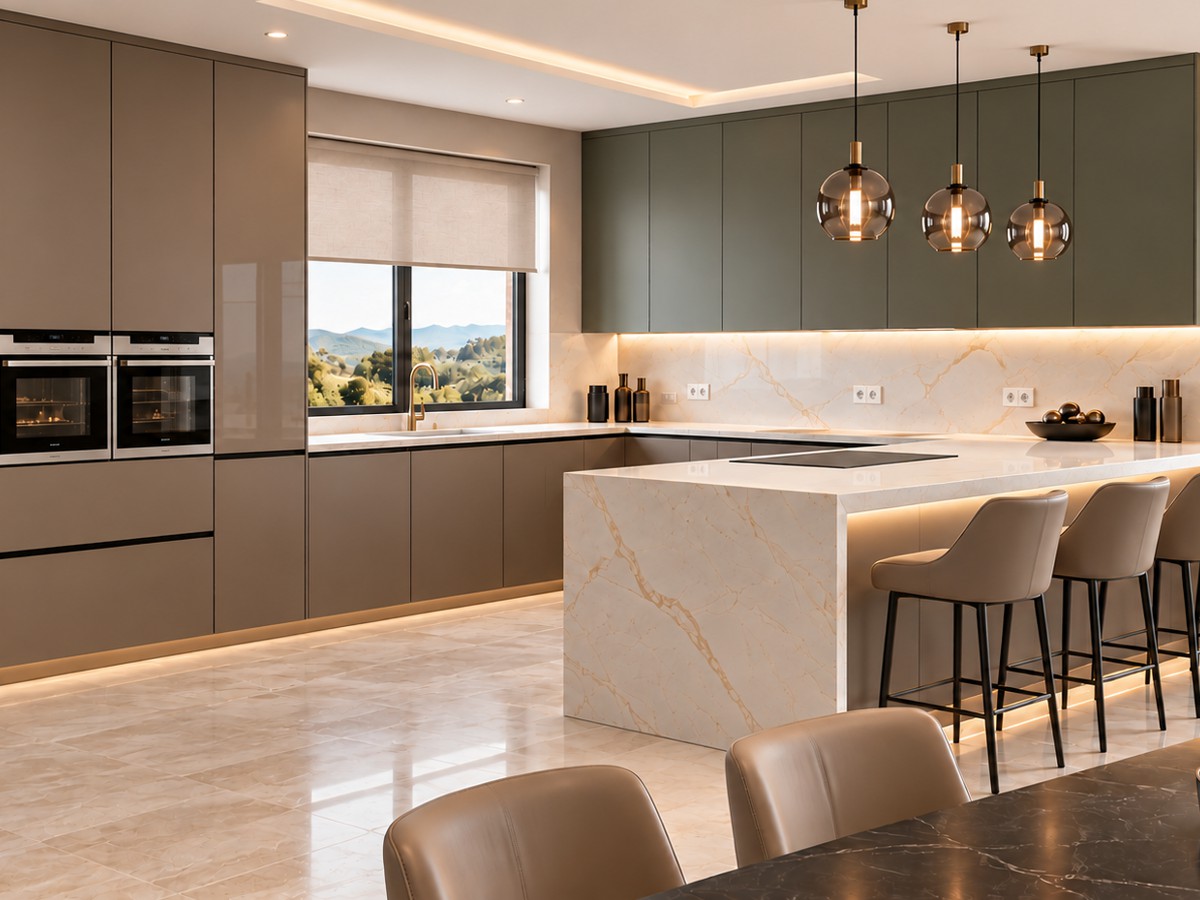 Luxury modern kitchen with grey stone-effect cupboards and island, matt black cabinetry, integrated appliances and pendant lighting.