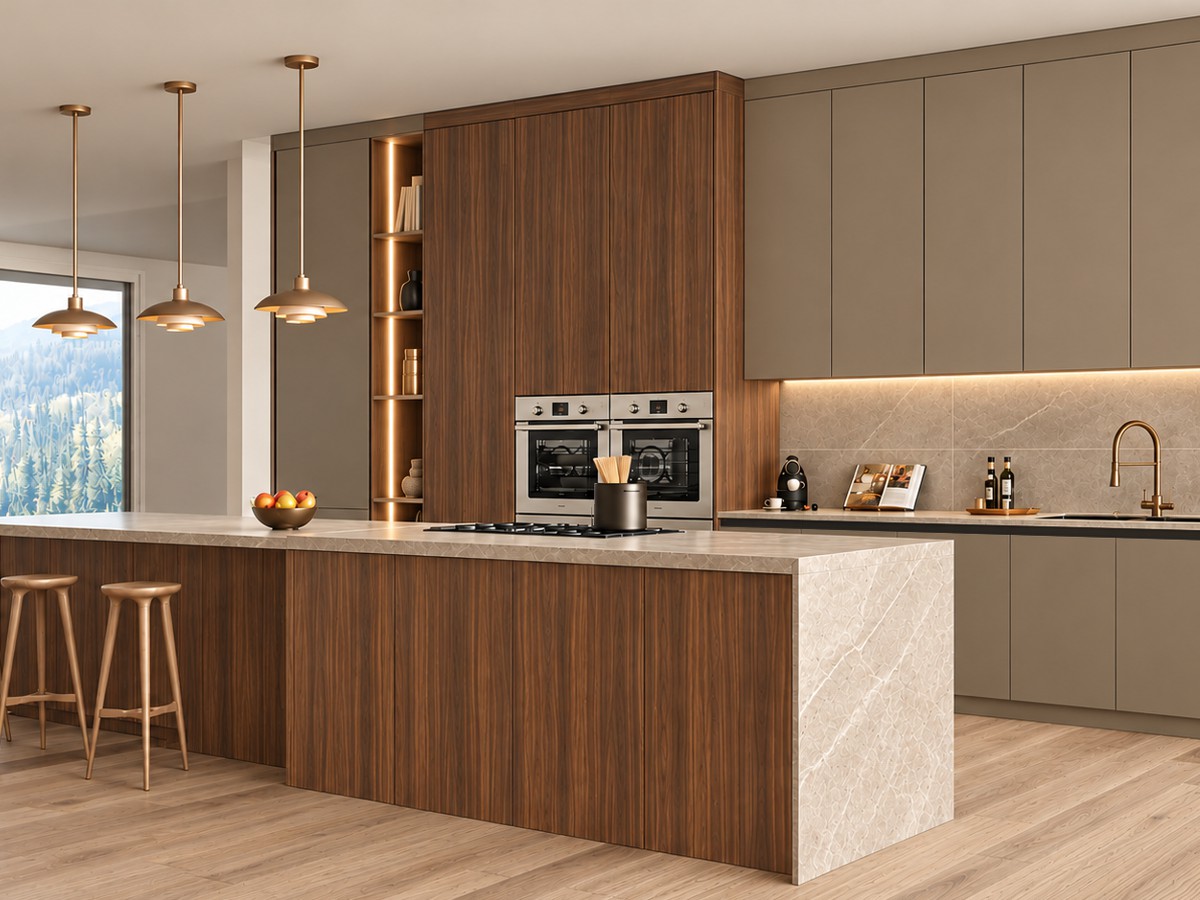 Luxury modern kitchen with matt grey handleless cupboards, a white stone island with breakfast seating, integrated ovens and illuminated display cabinets.