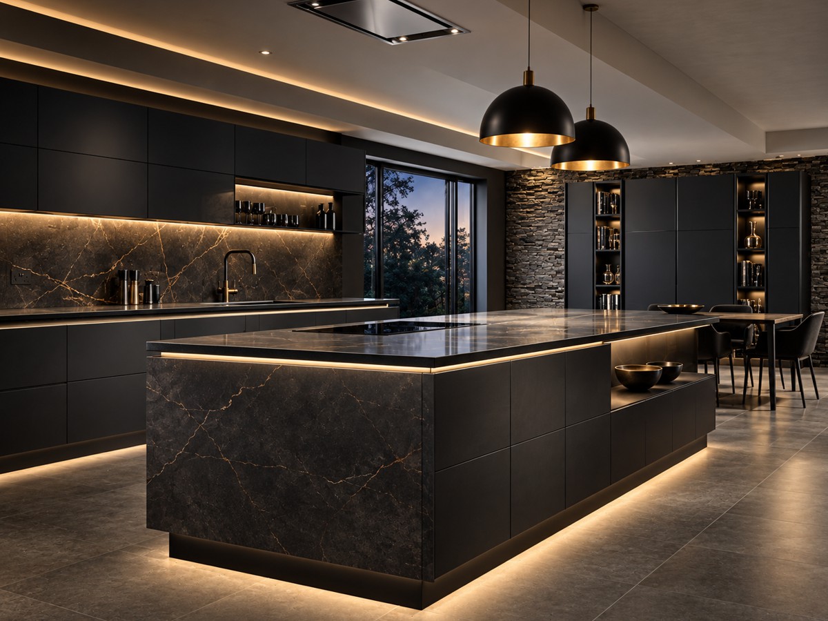 Luxury modern kitchen with warm wood cabinetry, matt beige cupboards, an illuminated breakfast island, integrated appliances and pendant lighting.