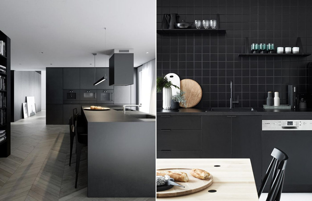 Left side: modern kitchen with black cabinetry, island, stools, and light wood herringbone floor. Right side: close-up black