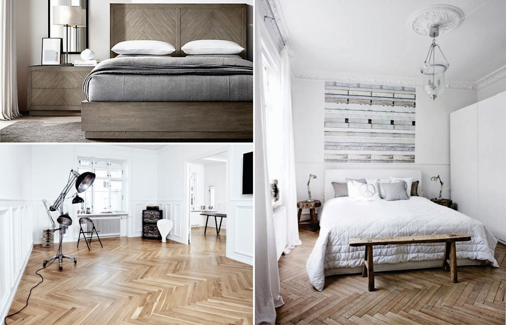 Collage of three images showing herringbone wood patterns in bedroom headboard, flooring in empty room, and bedroom with whit