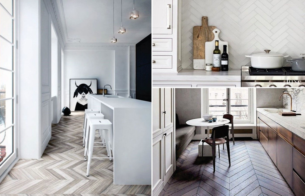 Three interior spaces featuring herringbone patterned finishes: a light wood floor in a white kitchen, a white herringbone ti