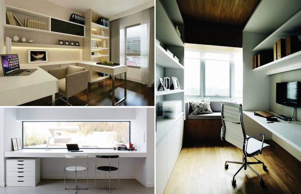 Collage of three home study rooms with desks, chairs, shelves, and windows providing natural light.