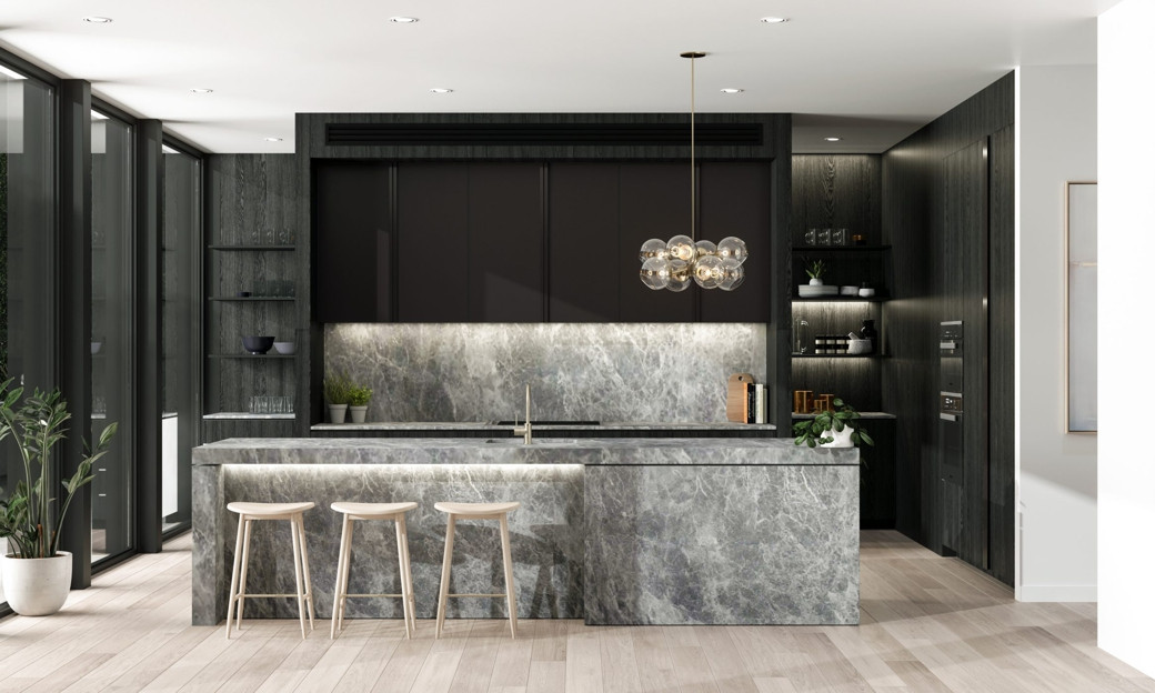 Modern luxury kitchen with grey marble island and backsplash, black cabinets, wooden stools, pendant light, and large windows