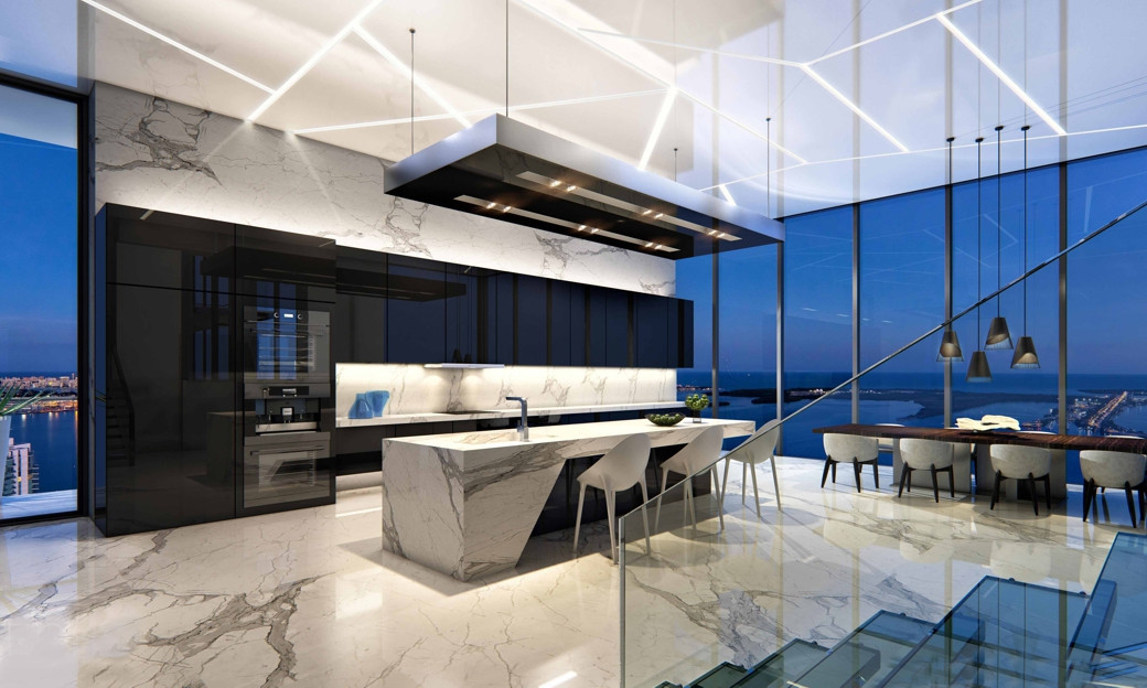 Luxury penthouse kitchen with marble floors and island, black glossy cabinets, large windows with ocean view, and modern ligh