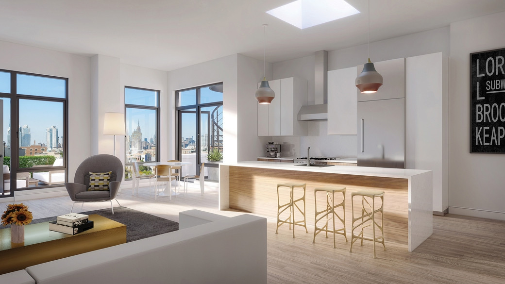 Open-plan luxury penthouse kitchen and living area with large windows, kitchen island with three stools, and modern furnishin
