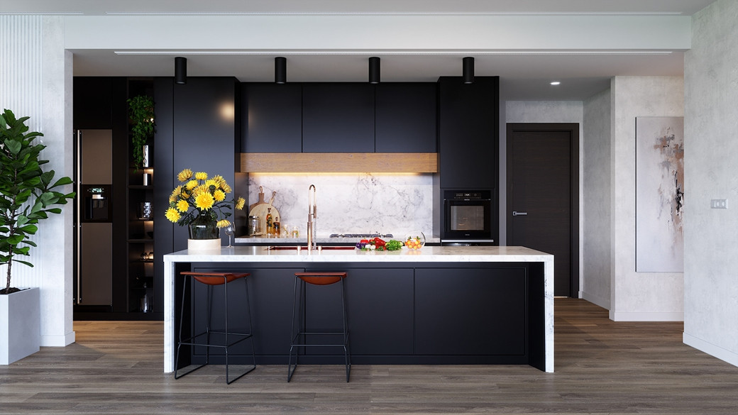 Modern luxury penthouse kitchen with black cabinetry, marble countertops, built-in oven, bar stools, and yellow flowers.