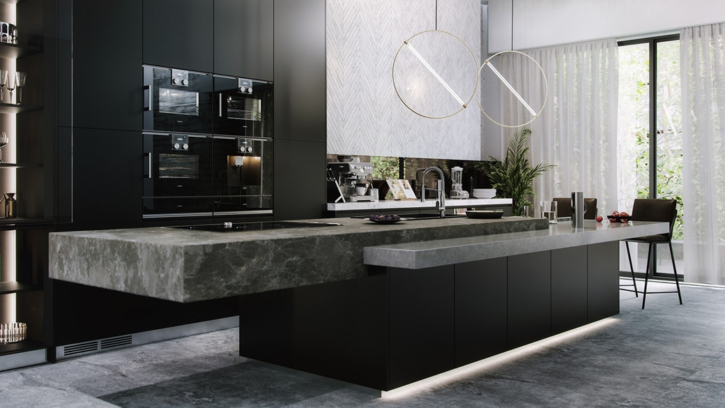 Luxury penthouse kitchen with dark cabinetry, large stone island, built-in ovens, modern lighting, and floor-to-ceiling windo