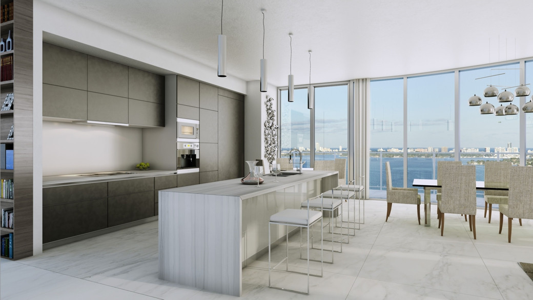 Spacious luxury penthouse kitchen with matte grey cabinets, marble island with bar stools, and large windows overlooking wate