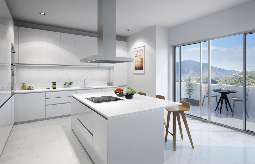 Bright white penthouse kitchen with marble floor, large island, wooden stools, and sliding glass doors opening to a mountain