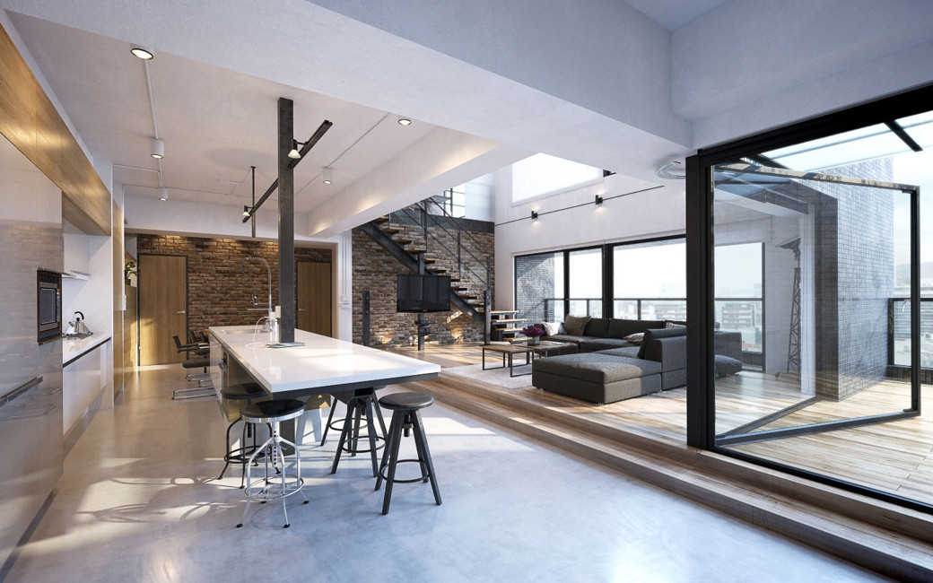 Spacious luxury penthouse kitchen with long white island, black stools, brick walls, open-plan lounge, wooden floors, and gla