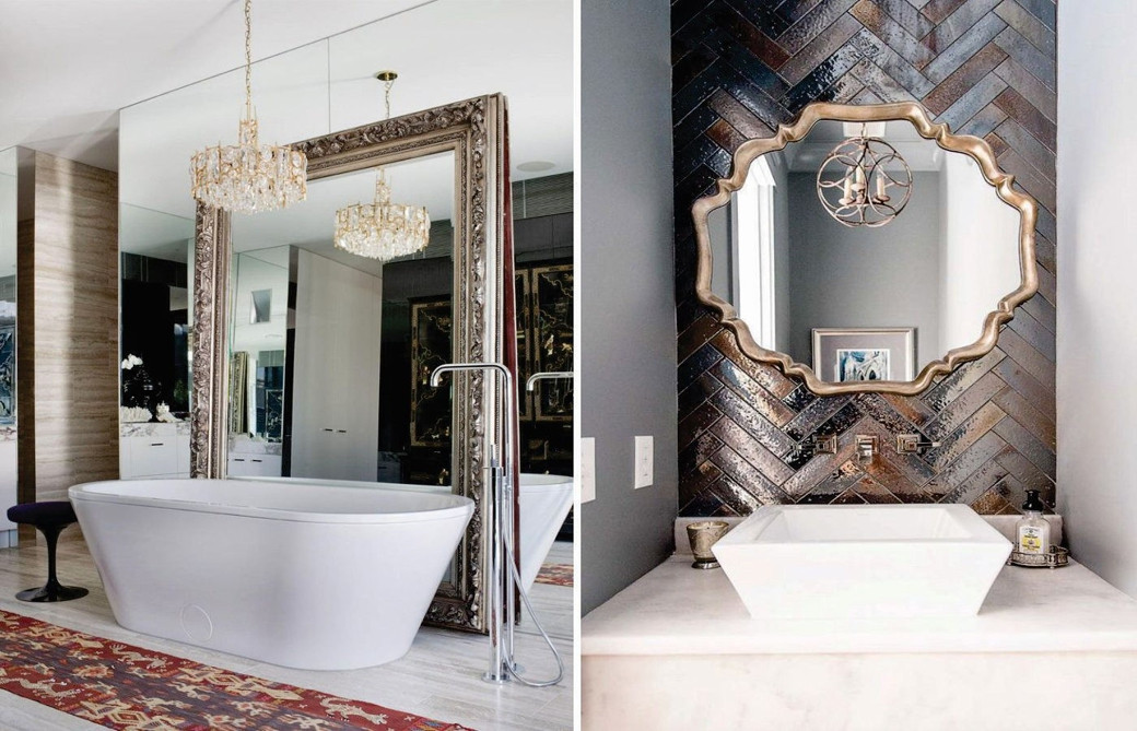 Split image showing two bathroom mirror ideas; left features a large ornate framed mirror behind a white freestanding bathtub