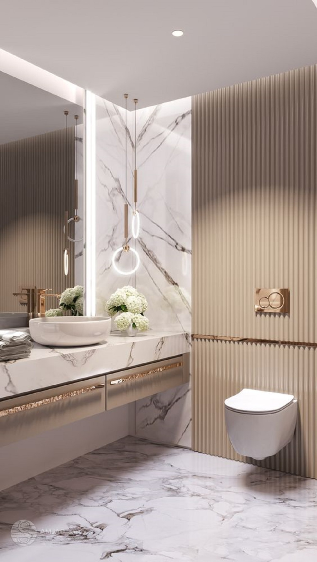 Modern bathroom with marble flooring, floating marble vanity with vessel sink, wall-mounted toilet, and beige textured walls.