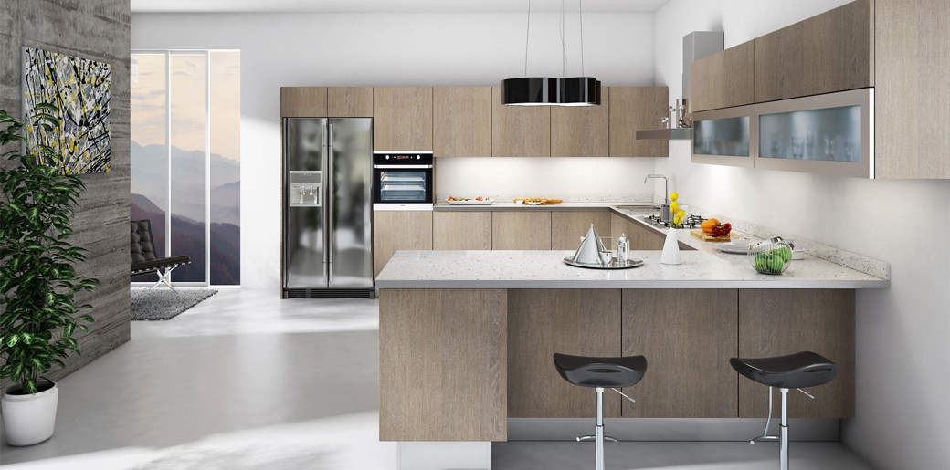 Modern kitchen with wooden cabinets, frosted glass cabinet doors, a stainless steel fridge, and a central island with stools.