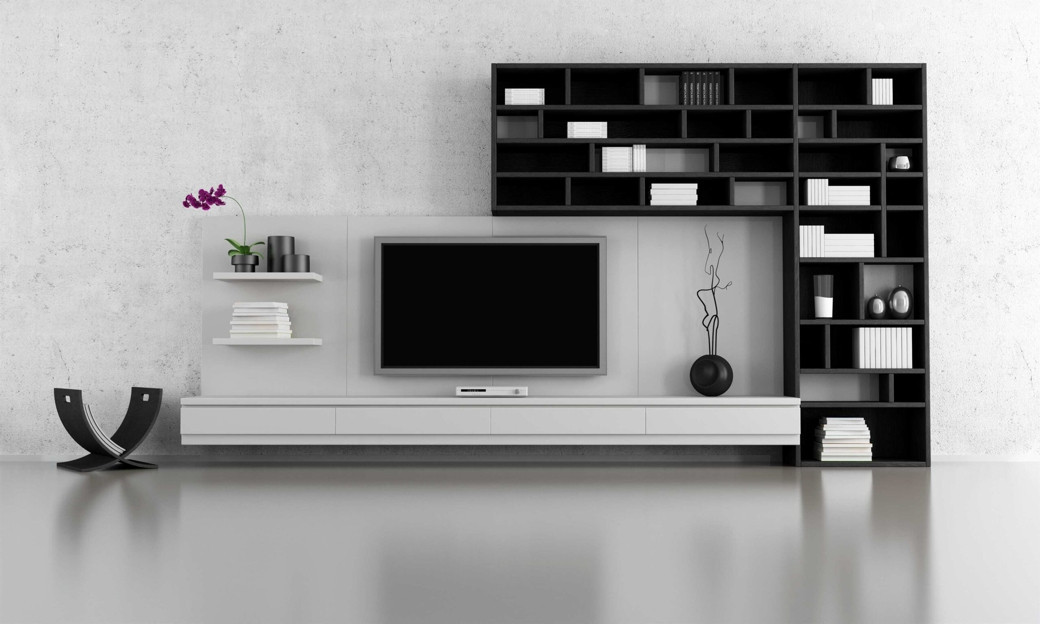 Minimalist modern living room with a custom TV unit, black and white shelves, and decorative items.
