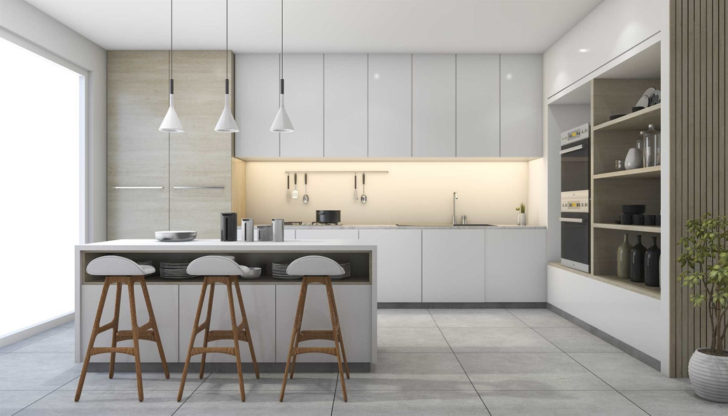 Modern white kitchen with island, three wooden stools, pendant lights, built-in ovens, and open shelving with decor.