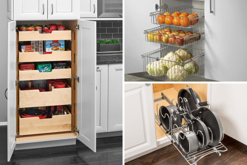 Left: Cabinet with five wooden pull-out drawers storing food and kitchenware. Top right: Three wire baskets in a cabinet hold