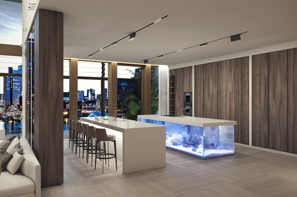 Modern kitchen with two white islands, one featuring an integrated aquarium with rocks and blue lighting, and wooden cabinetr