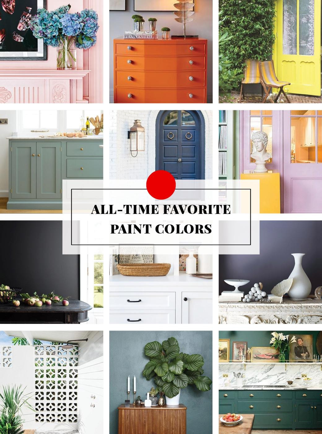Collage of interiors and exteriors featuring cupboards, doors, and walls in various vibrant paint colours.