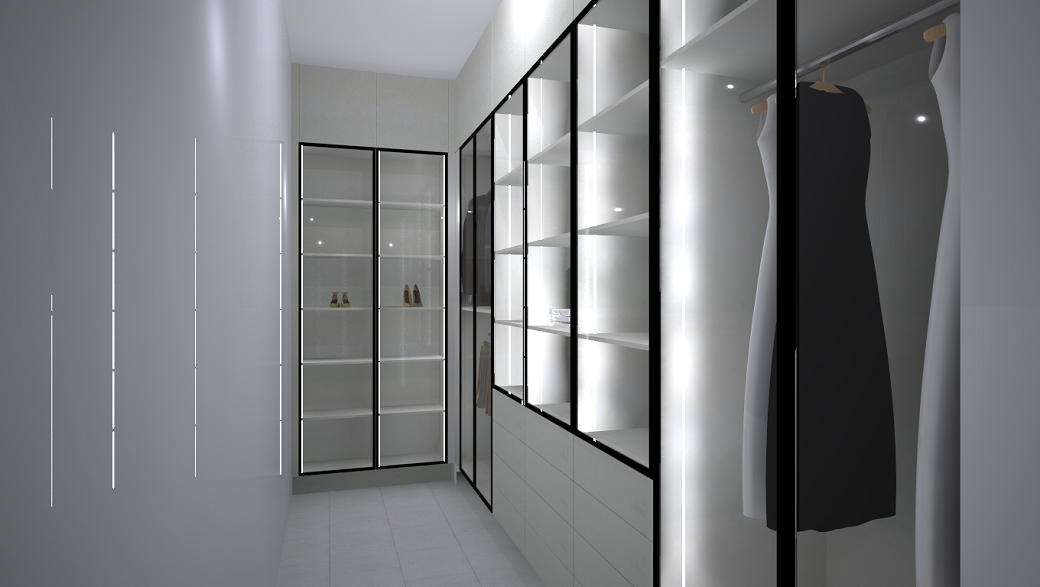 Walk-in closet with glass-front cabinets, illuminated shelves, hanging black and white dresses, and tiled floor.
