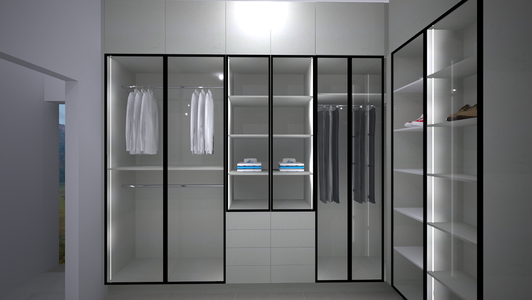Walk-in closet with glass-paneled sections, hanging clothes, open shelves with folded shirts, and shoe shelves on the right.