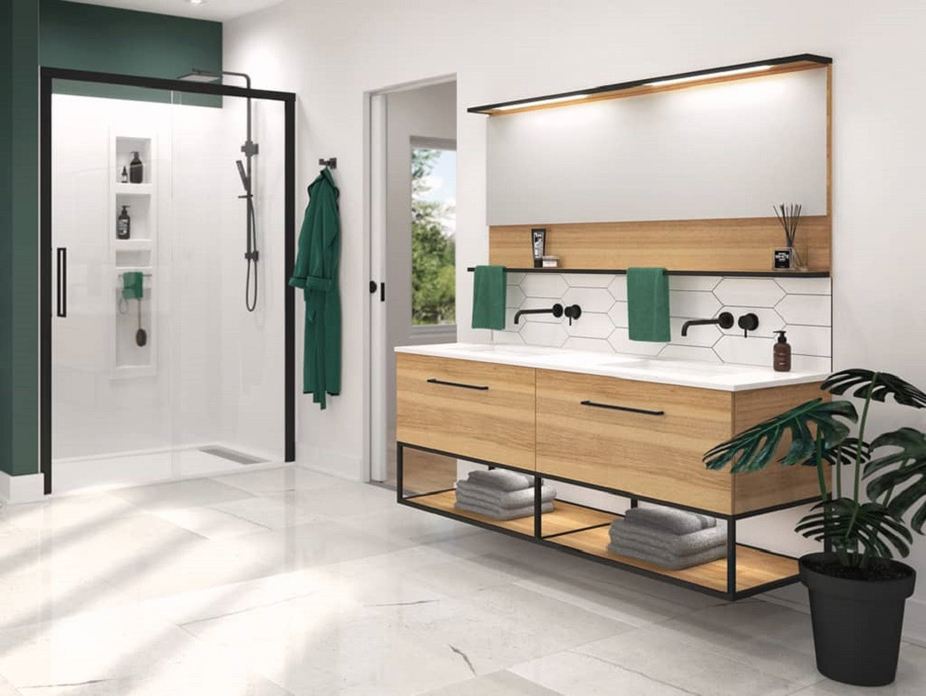 Modern bathroom with a wood and black metal vanity, double sinks, hexagonal tile backsplash, glass shower, and a potted plant